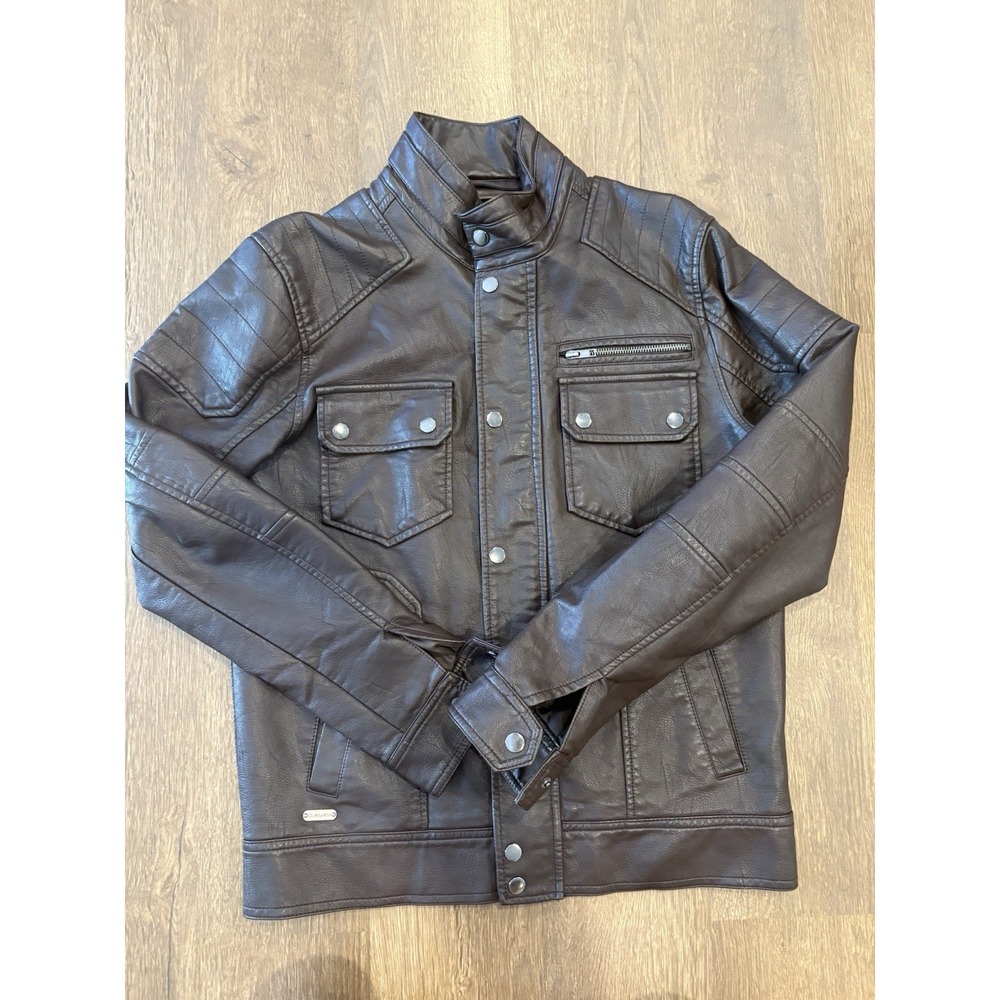 Guess Brown Faux Leather Jacket Mens Size Small Polyester